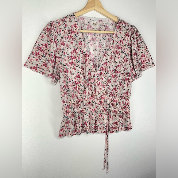Floral Crop Top Shirt with cinched waist and flowy sleeves Selfe Large - Picture 2 of 5
